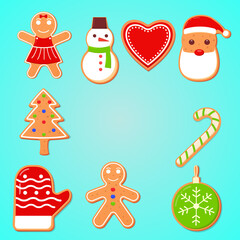 Gingerbread. Christmas gingerbreads santa and cane, xmas tree, ginger cake man, snowflake, snowman and sock, home and star homemade sweet sugar glaze cookie or winter food biscuit vector isolated set