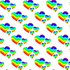 Vector seamless pattern of three different hearts. Abstract image depicting mountains or sea waves in colors of rainbow. Multicolored background.