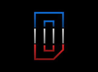 D letter vector desing, outline stroke font logo. Dynamic split grey,  blue color on black background. For social media,design elements, creative poster, web template and more