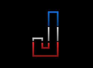 J letter vector desing, outline stroke font logo. Dynamic split grey,  blue color on black background. For social media,design elements, creative poster, web template and more