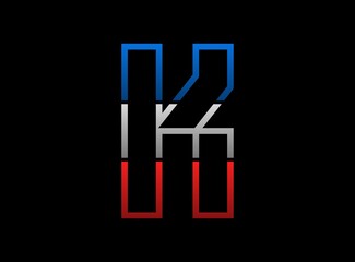 K letter vector desing, outline stroke font logo. Dynamic split grey,  blue color on black background. For social media,design elements, creative poster, web template and more