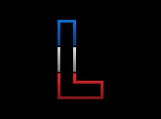 L letter vector desing, outline stroke font logo. Dynamic split grey,  blue color on black background. For social media,design elements, creative poster, web template and more