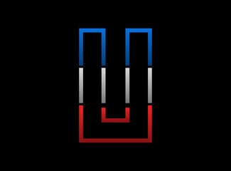 U letter vector desing, outline stroke font logo. Dynamic split grey,  blue color on black background. For social media,design elements, creative poster, web template and more