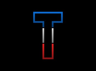 T letter vector desing, outline stroke font logo. Dynamic split grey,  blue color on black background. For social media,design elements, creative poster, web template and more