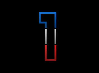1 number vector desing, outline stroke font logo. Dynamic split grey,  blue color on black background. For social media,design elements, creative poster, web template and more