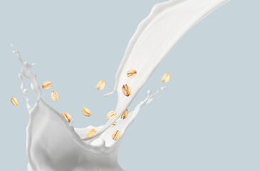 Splashes of oat milk on grey background
