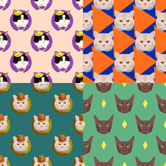 Seamless pattern set with different cat portraits, vector illustration