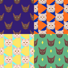 Seamless pattern collection with cat portraits, set of vector illustrations for background, wrap, scrapbook, wallpaper © Melek8