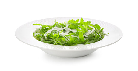 Plate with tasty arugula salad on white background