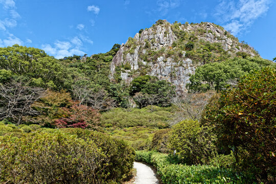 view of mount Mifune from a path in Mifuneyama rakuen park locate in Takeo city, saga prefecture, Japan