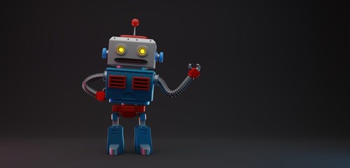 3d rendering illustration of cute retro style robot, tin toy robot, in action pose