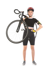 Female cyclist with bicycle on white background