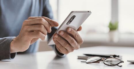 Young man using phone panoramic banner, Communication, connection, business, people, technology concept, Closeup photo of male hands with smartphone