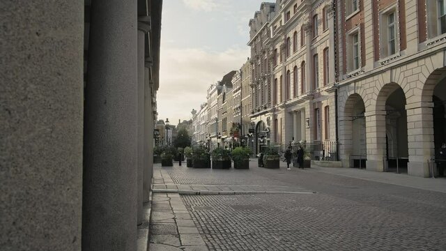 Covent Garden in London in Coronavirus lockdown, with empty streets, quiet deserted roads, no people and closed shops shut in a popular tourist area during the Covid-19 pandemic in England, Europe