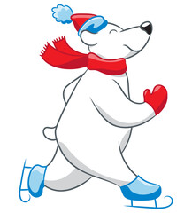 Skating polar bear cartoon. Polar bear wearing a hat, scarf, mittens, and ice skates. 