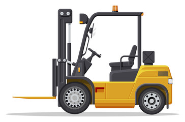 Yellow forklift truck isolated on white background. Empty electric uploader. Delivery, logistic and shipping cargo. Warehouse and storage equipment. Flat vector illustration