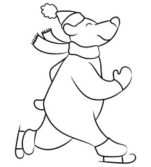 Skating polar bear cartoon. Polar bear wearing a hat, scarf, mittens, and ice skates. 