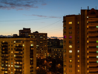 above view of urban residential quarter in Moscow city in autumn dusk