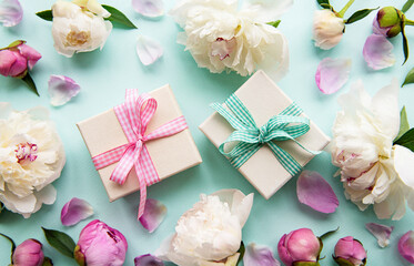 Peonies and gift boxes