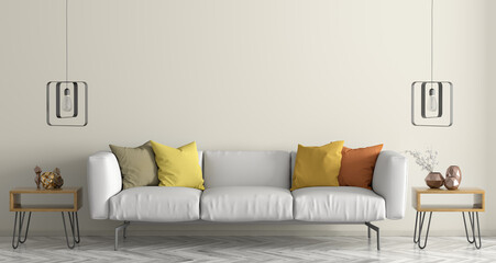 Interior design of modern living room with white sofa 3d rendering