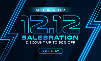 Cyber online 12.12 salebration banner template. Techno futuristic theme for shopping festival, end of year sale poster. Promotional banner template