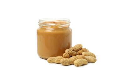 Peanut and jar with peanut butter isolated on white background