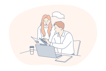 Teamwork, brainstorming, business communication about startup concept. Group of young business people coworkers or partners looking at document and communicating about corporate project 