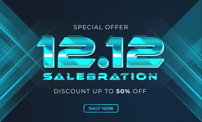 Cyber online 12.12 salebration banner template. Techno futuristic theme for shopping festival, end of year sale poster. Promotional banner template