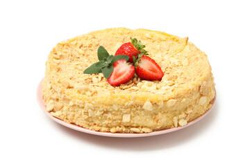Plate with Napoleon cake with strawberry isolated on white background