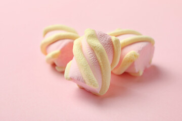 Sweet marshmallow on pink background, close up