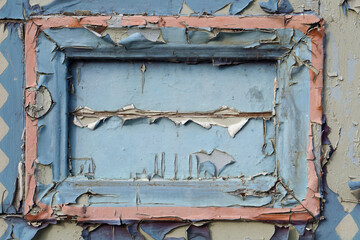 Old blue cracked paints on the window closeup