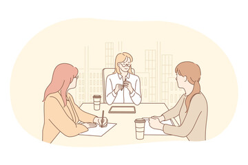 Teamwork, negotiations, meeting in office concept. Young women business partners office workers sitting in office and discussing projects or startup together with boss vector illustration 