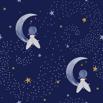 little fairy on moon with stars seamless pattern design,children artwork, fabric and wallpaper prints