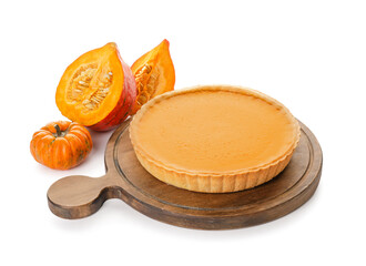 Tasty pumpkin pie on white background