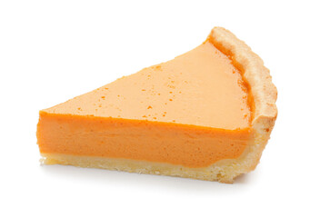 Slice of tasty pumpkin pie on white background