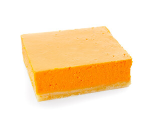 Piece of tasty pumpkin pie on white background