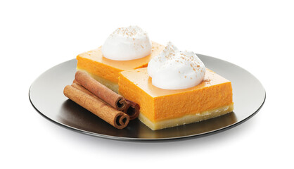 Plate with pieces of tasty pumpkin pie on white background