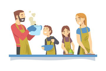 Happy Family Cooking in the Kitchen, Mom and Dad Spending Time with their Children and Cooking Together Cartoon Style Vector Illustration