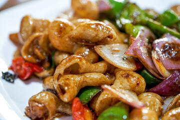 A delicious Chinese dish, fried pork intestines