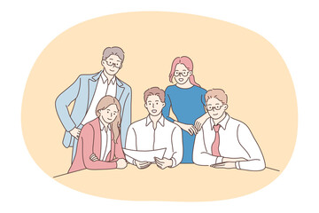Teamwork, negotiations, business presentation concept. Group of positive business people office workers partners cartoon characters sitting in office with paper documents discussing startup together 