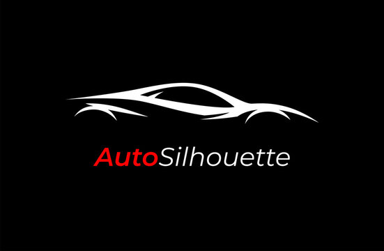 Automotive dealership style car logo design with concept sports vehicle icon silhouette isolated on black background. Vector illustration.