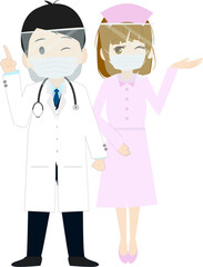 Fototapeta premium フェイスシールドとマスクをする可愛い看護師と医師のイラスト