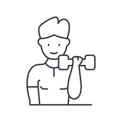 Obraz premium Men fitness icon, linear isolated illustration, thin line vector, web design sign, outline concept symbol with editable stroke on white background.