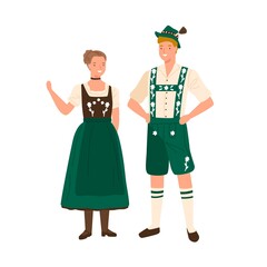 German couple wearing traditional bavarian costumes. Man in national folk shorts, suspenders and hat. Woman in ornamented dress decorated with embroidery. Flat vector illustration isolated on white