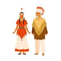 Couple of native americans wearing traditional costumes. Female character in national dress. Male person in feather headdress and poncho. Flat vector illustration isolated on white