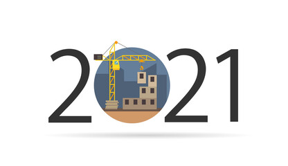 Happy new year 2021. Year 2021 with Building, house construction icon