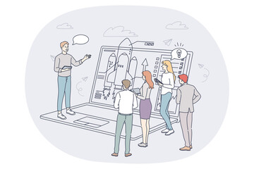 Finance, marketing data analytics, teamwork concept. People business partners workers cartoon characters analysing financial data and discussing development and startup conditions in office 