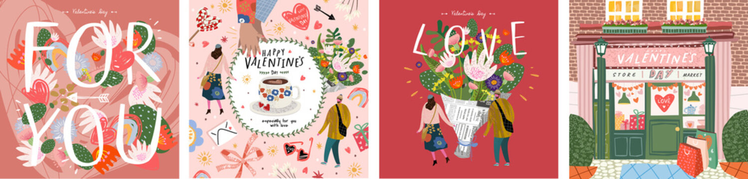Valentine's Day! February 14. Vector cute illustrations of a man and a woman in love, a bouquet of flowers, a shop, a background with objects and "for you". Drawings for postcard and poster 
