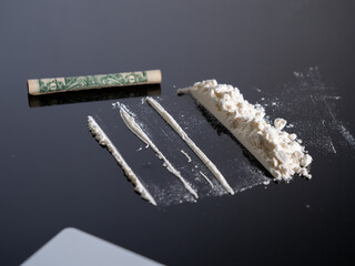 Lines of cocaine and a dollar bill. Cocaine lines shots on a black table glass. Cocaine powder, Credit card, close up, toned. Drug abuse concept. White poder on black table