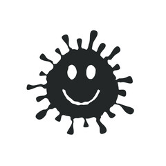 Smiling virus face icon. Smile coronavirus disease symbol. Emoji and emoticon sign. Happy emotion. Influenza epidemic logo. Sars covid-19 pandemic. Isolated on black background. Vector illustration.